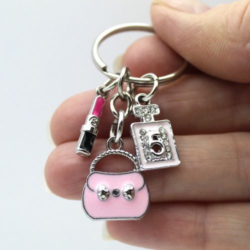 Pink Girlie Keyring with Pink Bag Charm, Pink Lipstick Charm, Perfume Bottle Charm